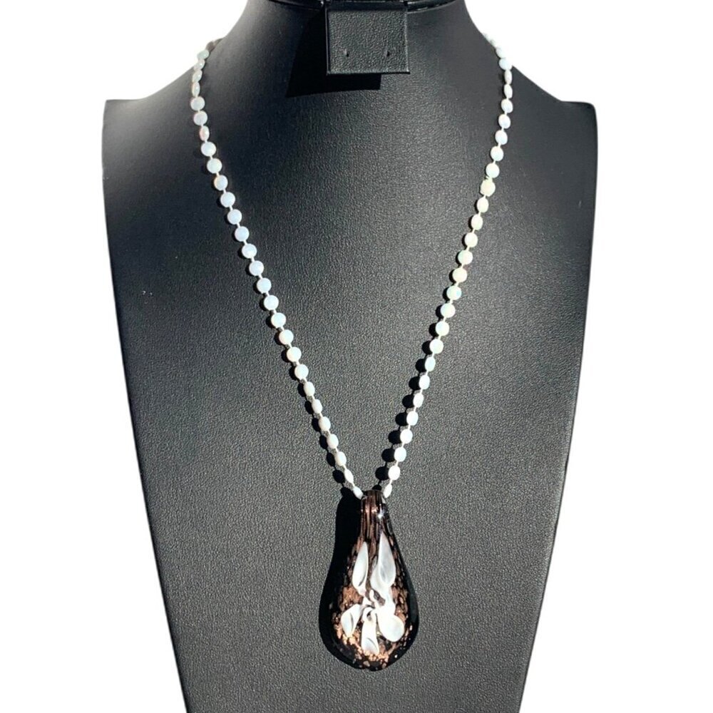 Glass Teardrop Pendant Brown White Opalescent Beaded Chain With Gold Tone Clasp